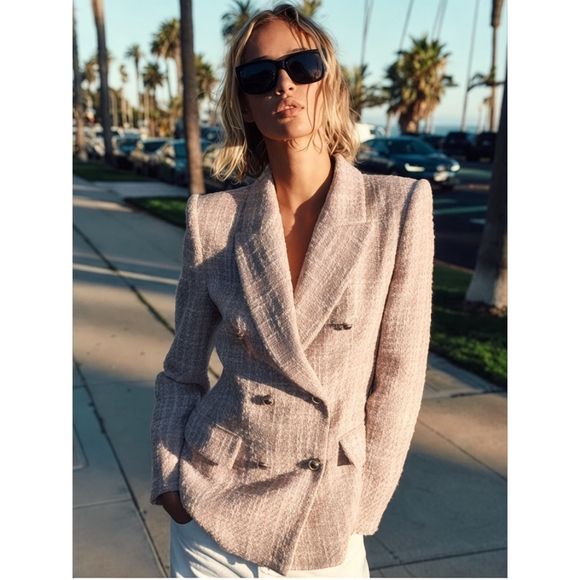 Zara Pink & Silver Tweed Blazer Double Breasted Tailored Jacket Size L NWT - Picture 4 of 14